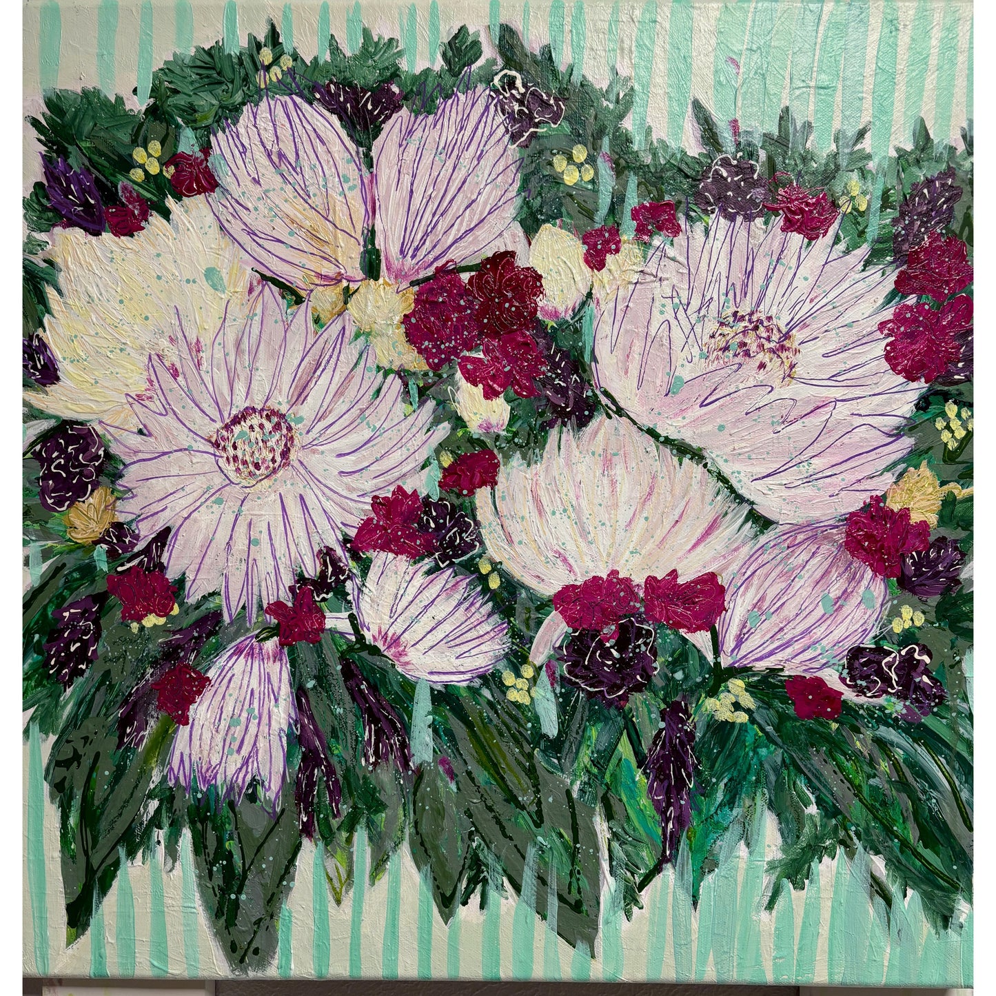 Floral painting with pink and purple flowers and green leaves on a striped background