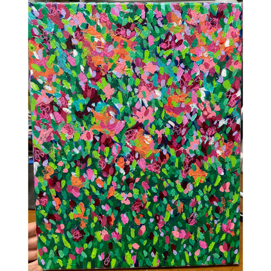 Colorful abstract painting with floral patterns on a green background
